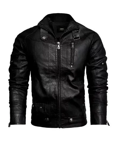 Men's Slim Fit PU Leather Motorcycle Jacket - Fleece-Lined Autumn & Spring Casual Biker Coat
