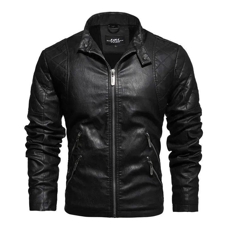 Men's Slim Fit PU Leather Motorcycle Jacket - Fleece-Lined Autumn & Spring Casual Biker Coat