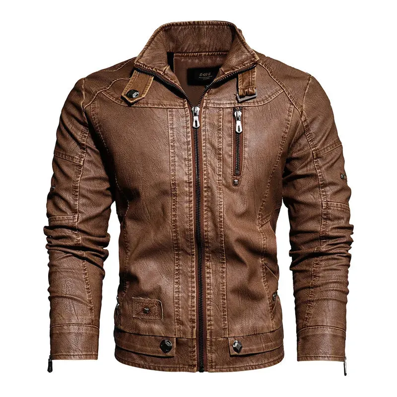 Men's Slim Fit PU Leather Motorcycle Jacket - Fleece-Lined Autumn & Spring Casual Biker Coat