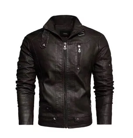 Men's Slim Fit PU Leather Motorcycle Jacket - Fleece-Lined Autumn & Spring Casual Biker Coat