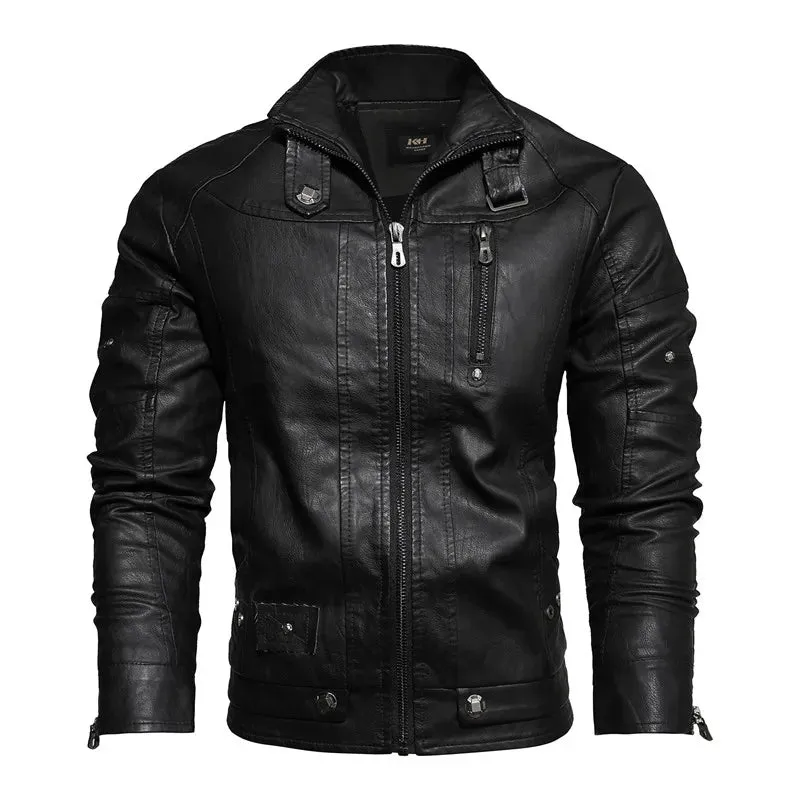 Men's Slim Fit PU Leather Motorcycle Jacket - Fleece-Lined Autumn & Spring Casual Biker Coat