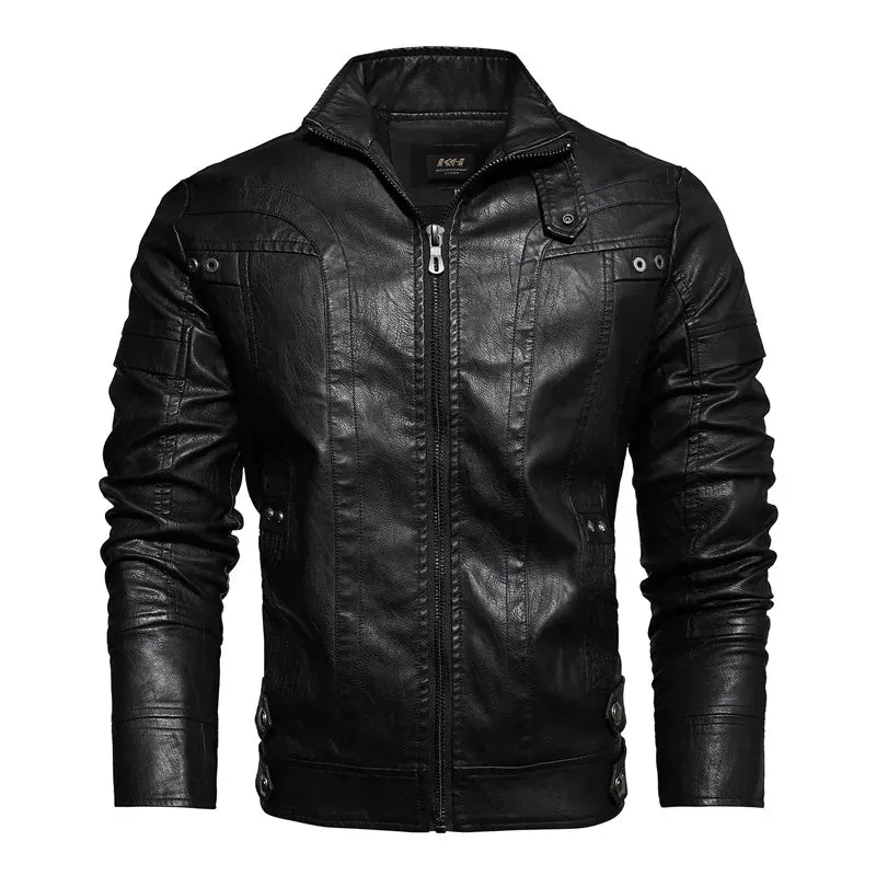 Men's Slim Fit PU Leather Motorcycle Jacket - Fleece-Lined Autumn & Spring Casual Biker Coat