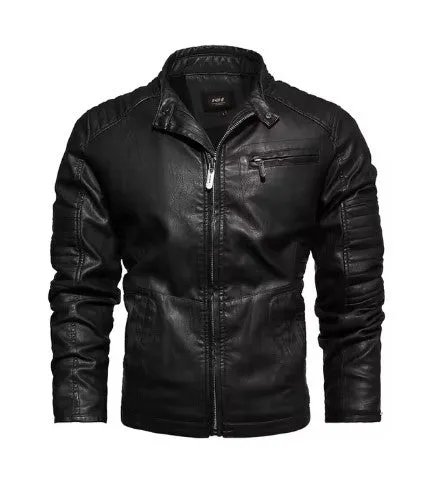 Men's Slim Fit PU Leather Motorcycle Jacket - Fleece-Lined Autumn & Spring Casual Biker Coat