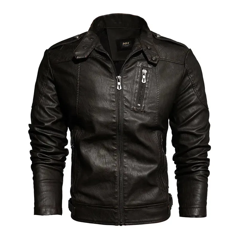Men's Slim Fit PU Leather Motorcycle Jacket - Fleece-Lined Autumn & Spring Casual Biker Coat