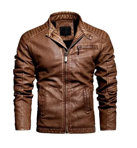 Men's Slim Fit PU Leather Motorcycle Jacket - Fleece-Lined Autumn & Spring Casual Biker Coat
