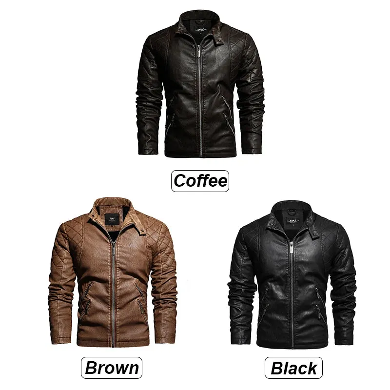 Men's Slim Fit PU Leather Motorcycle Jacket - Fleece-Lined Autumn & Spring Casual Biker Coat