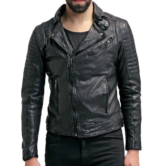 Mens Waxed Sheepskin Leather Motorcycle Jacket Black