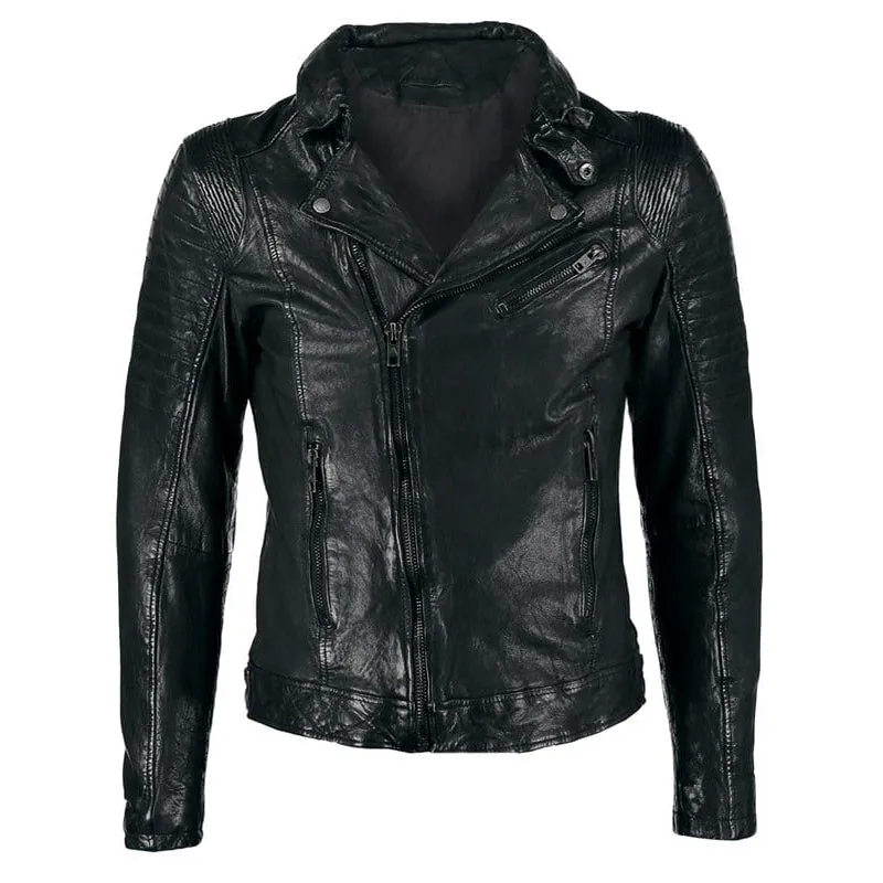 Mens Waxed Sheepskin Leather Motorcycle Jacket Black