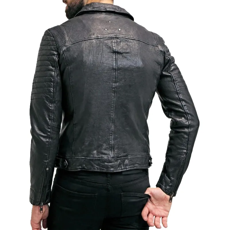 Mens Waxed Sheepskin Leather Motorcycle Jacket Black