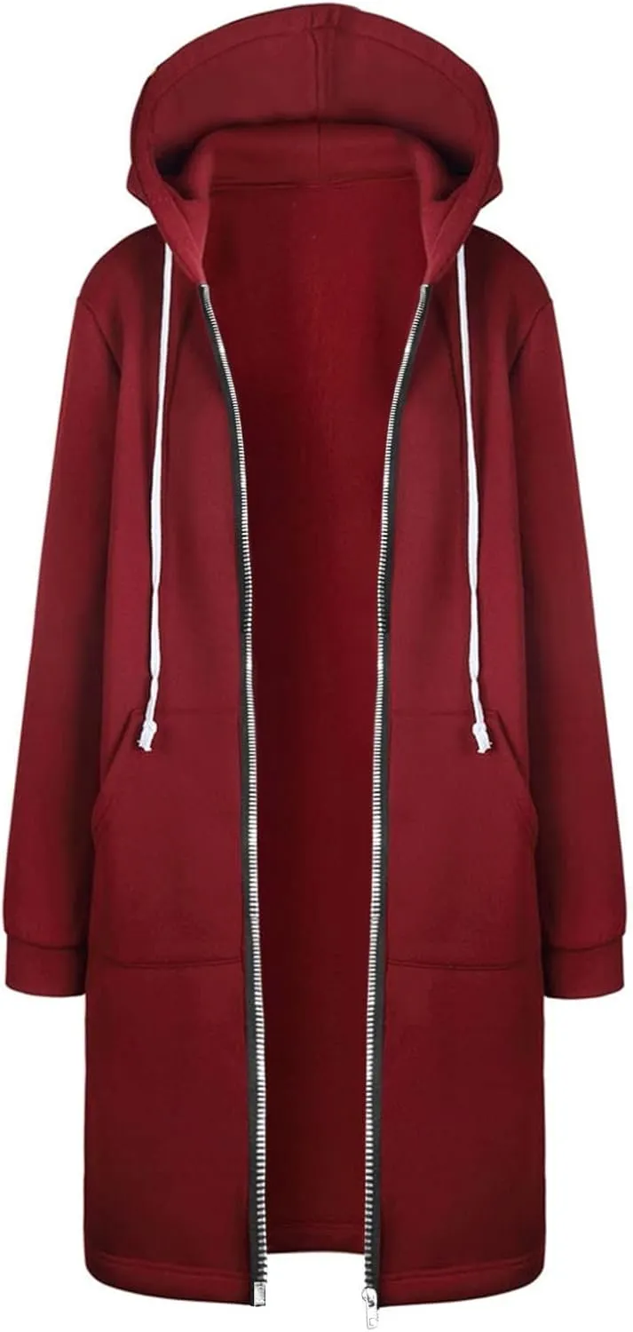 Muyise Women's Zip Up Hoodies Long Jackets Lightweight Tunic Drawstring Hooded Sweatshirts Oversized Winter Coat with Pockets