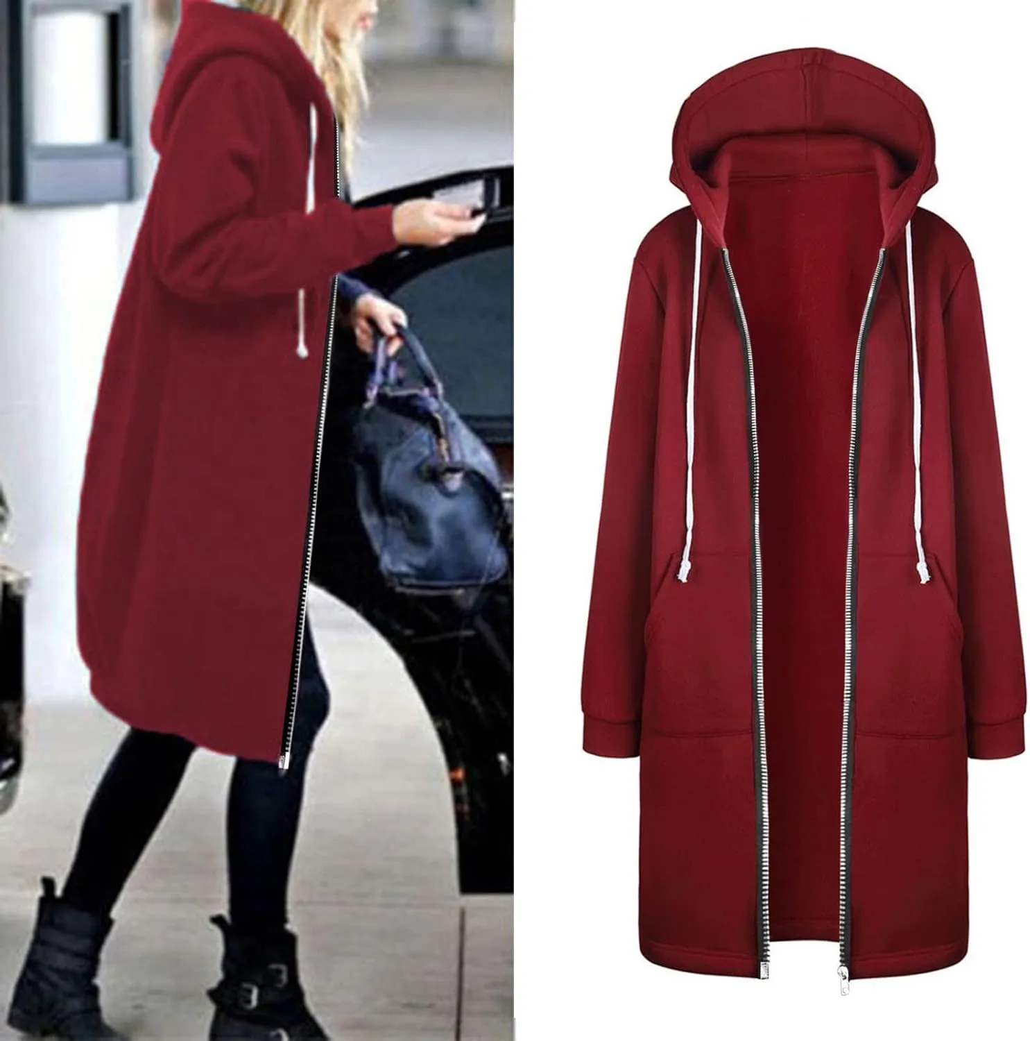 Muyise Women's Zip Up Hoodies Long Jackets Lightweight Tunic Drawstring Hooded Sweatshirts Oversized Winter Coat with Pockets