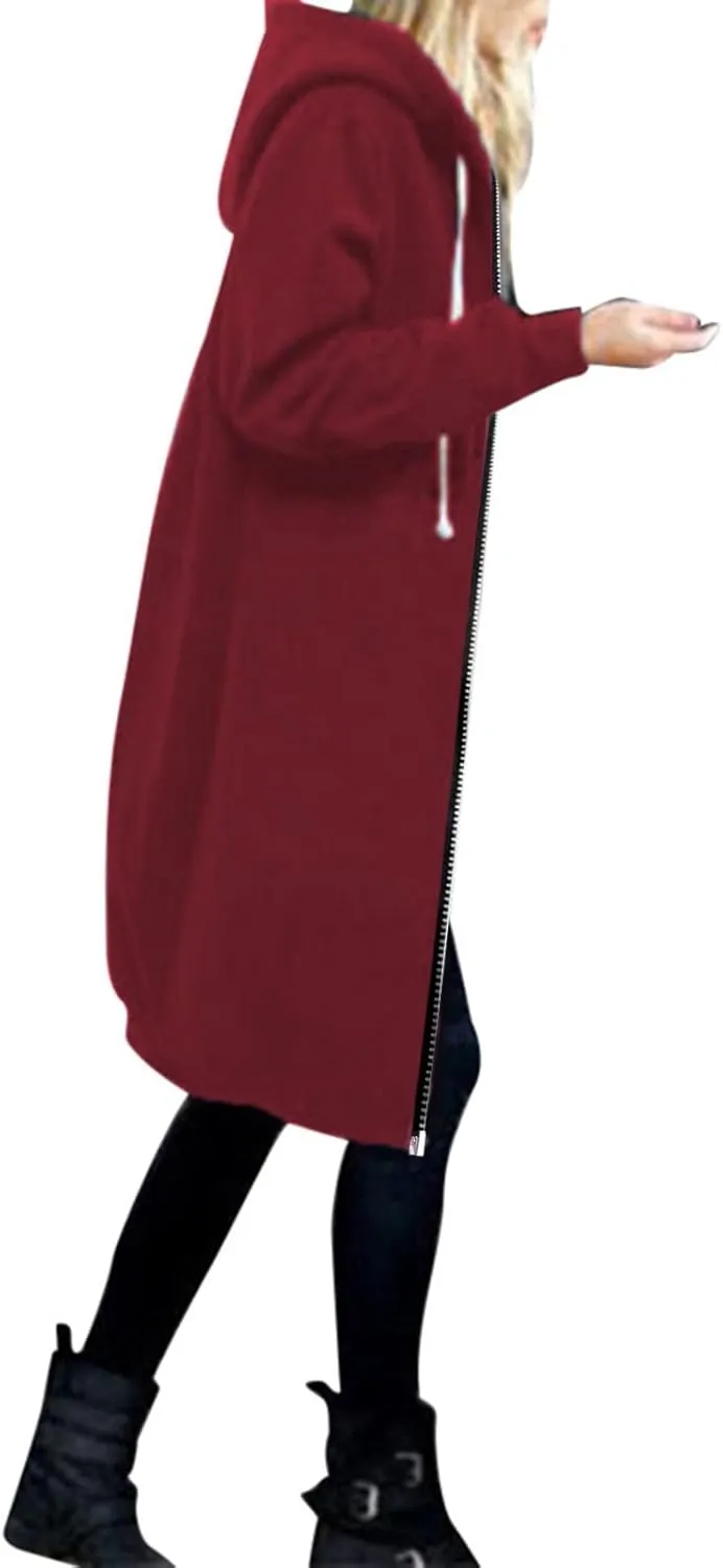 Muyise Women's Zip Up Hoodies Long Jackets Lightweight Tunic Drawstring Hooded Sweatshirts Oversized Winter Coat with Pockets