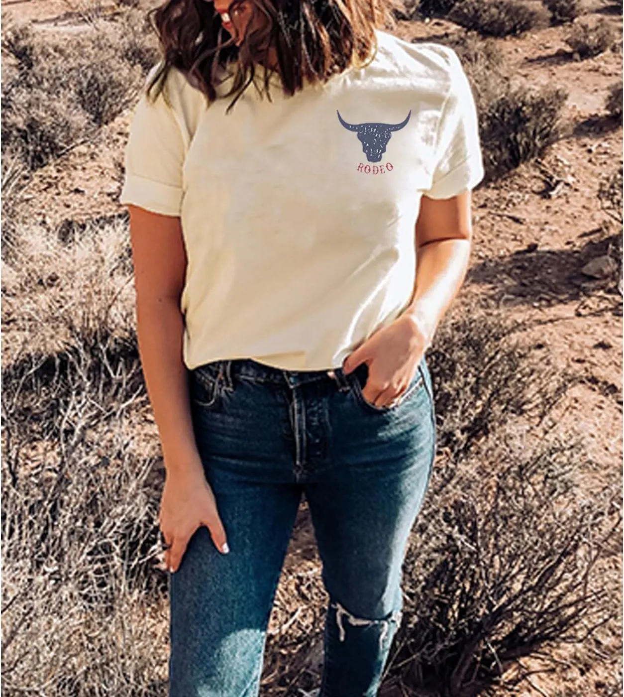 Rodeo Graphic Tee Shirts Women Steer Skull Western T-Shirt Vintage Country Music Shirt Cowboy Graphic Tees Tops
