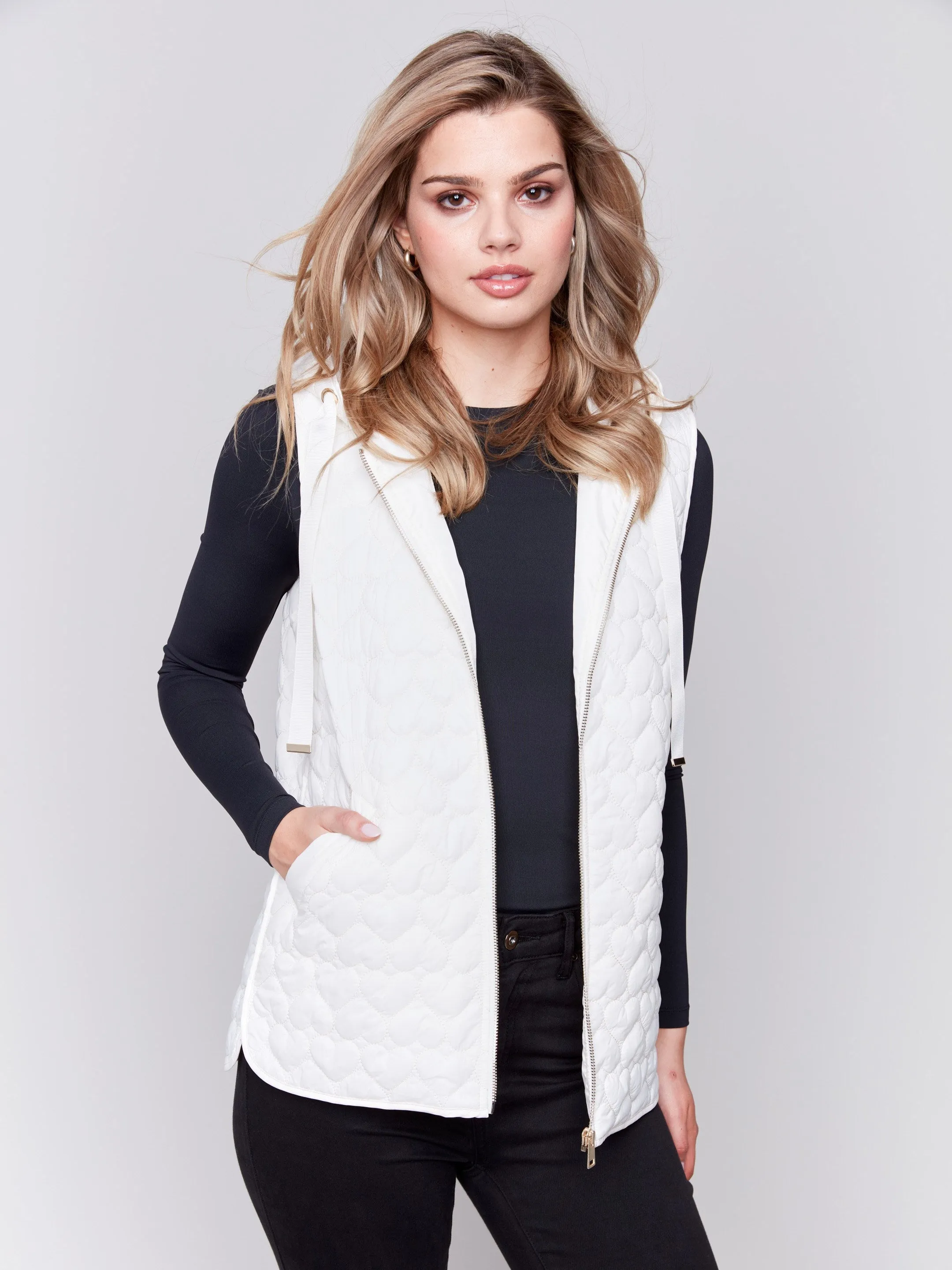 Short Quilted Puffer Vest With Hood - Ecru
