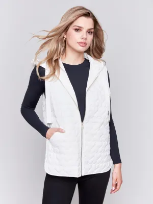 Short Quilted Puffer Vest With Hood - Ecru