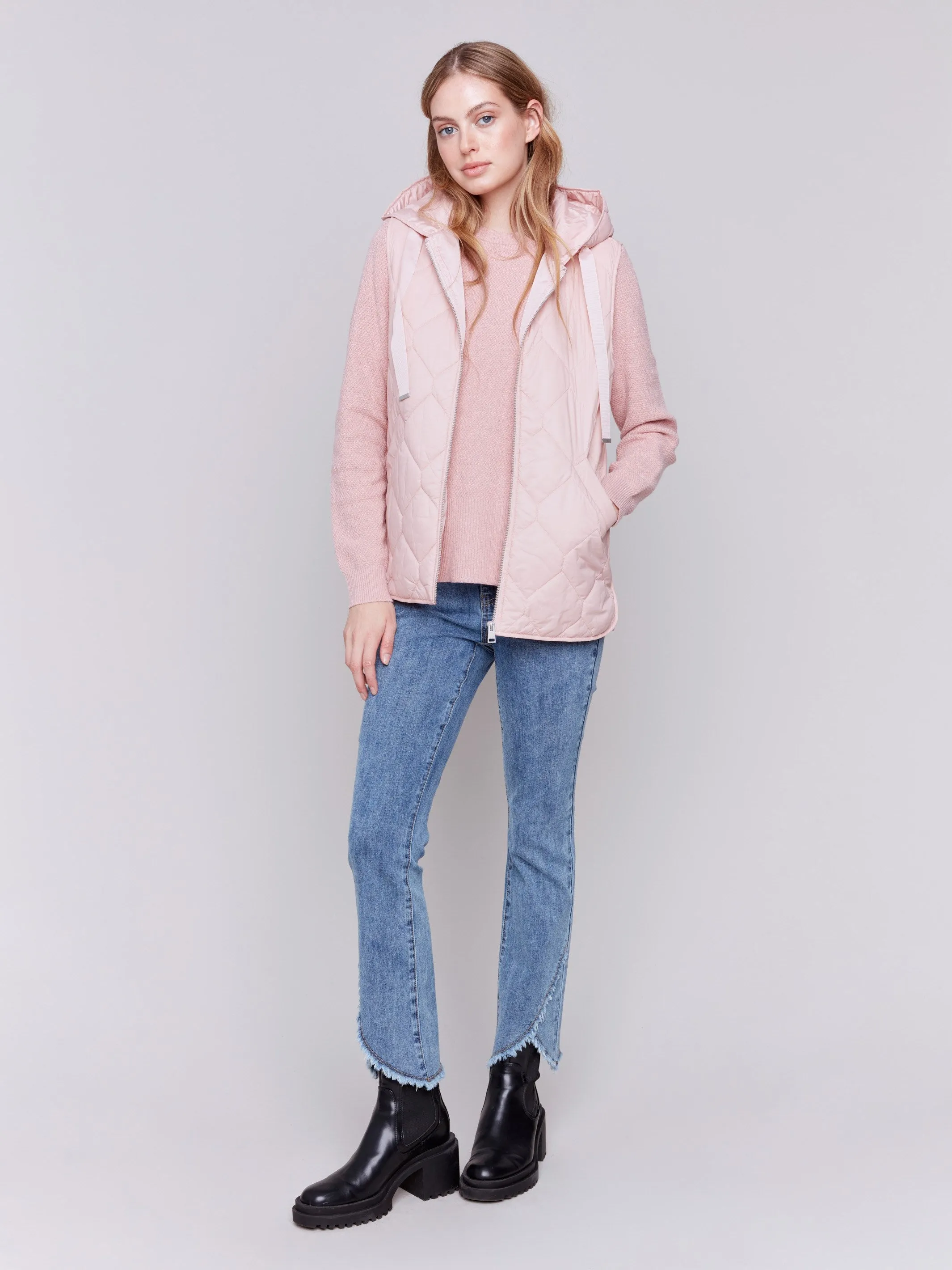 Short Quilted Puffer Vest With Hood - Quartz