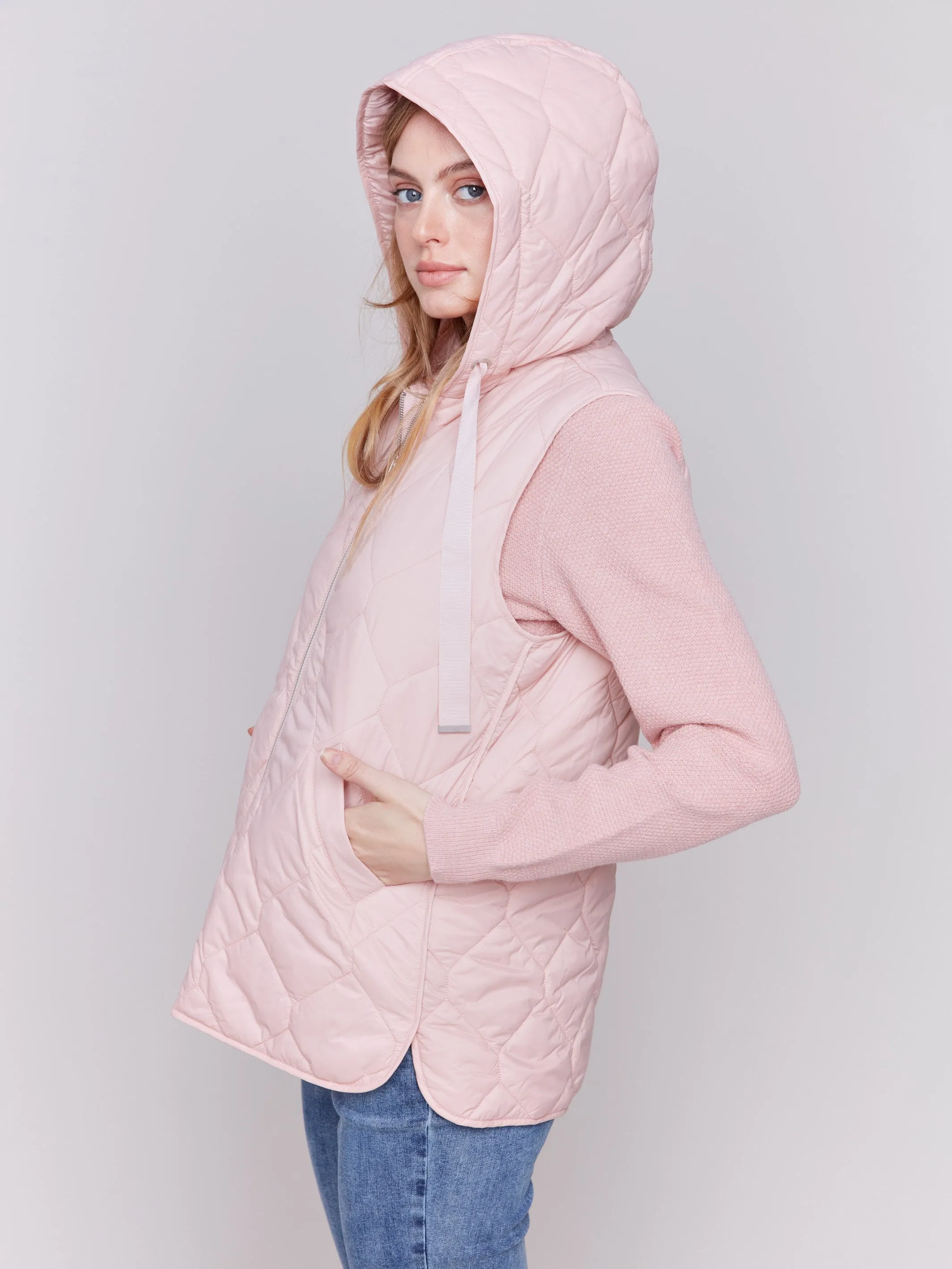 Short Quilted Puffer Vest With Hood - Quartz