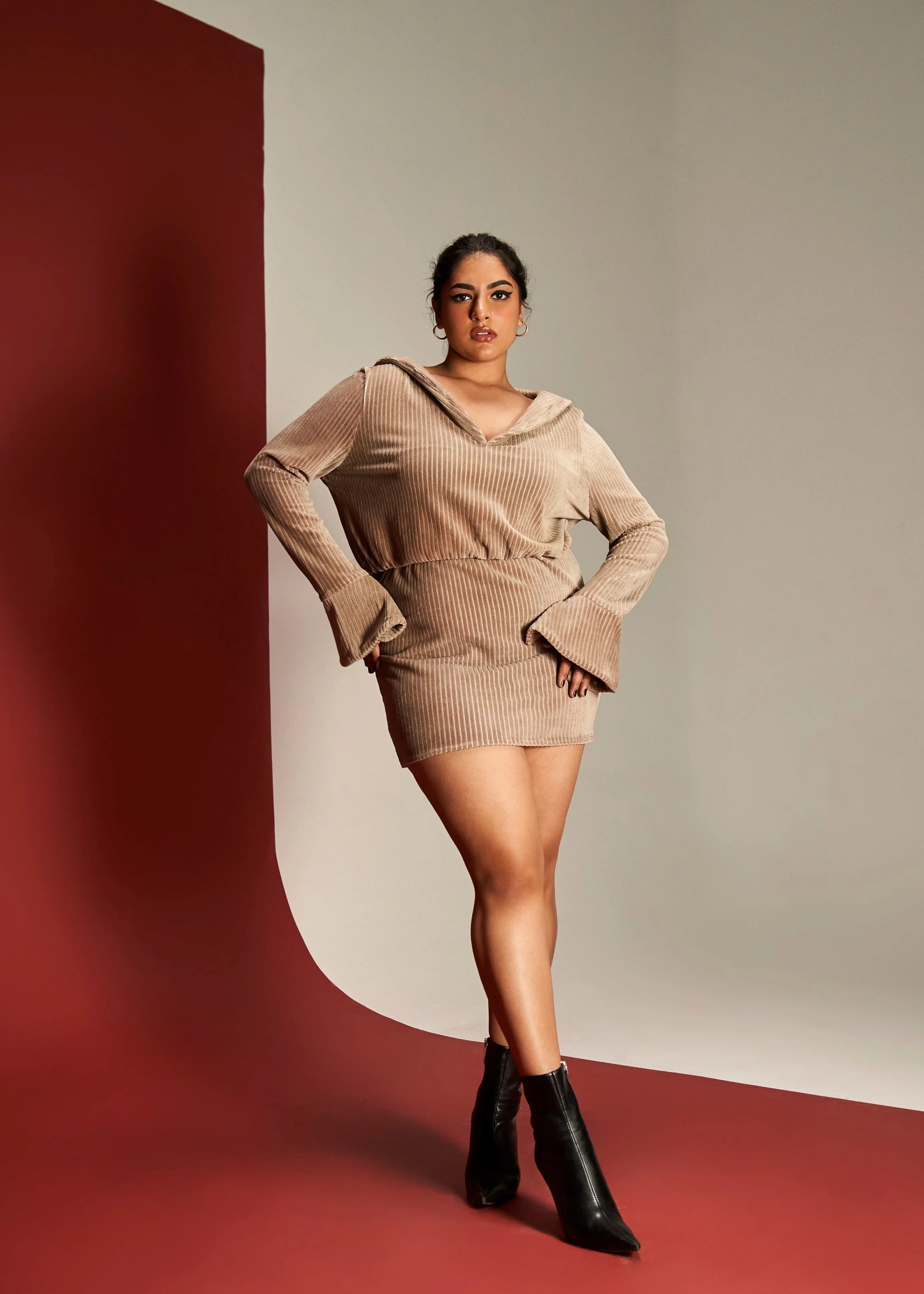 Sienna Tan Ribbed Velvet Lounge Mini Dress