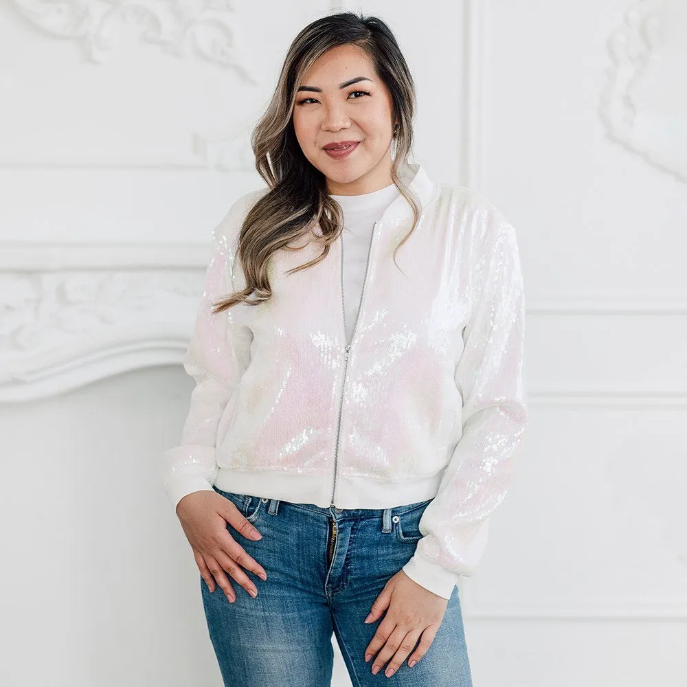 SPARKLY IRIDESCENT PINK SEQUIN BOMBER JACKET - BRIDE