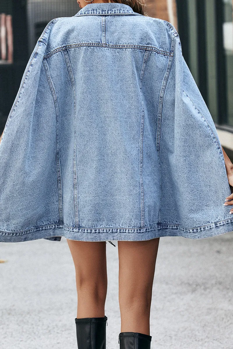 Turndown Collar Buttons Down Oversized Denim Cape