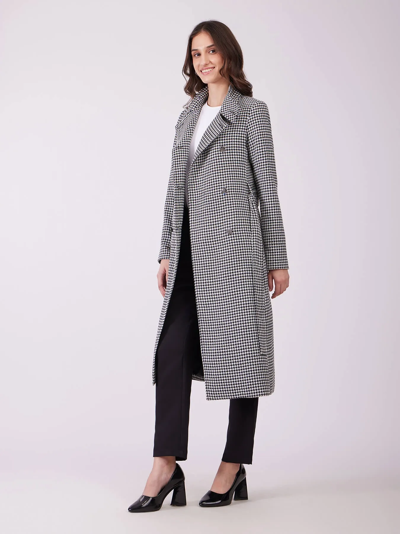 Tweed Wool Longline Overcoat - Black