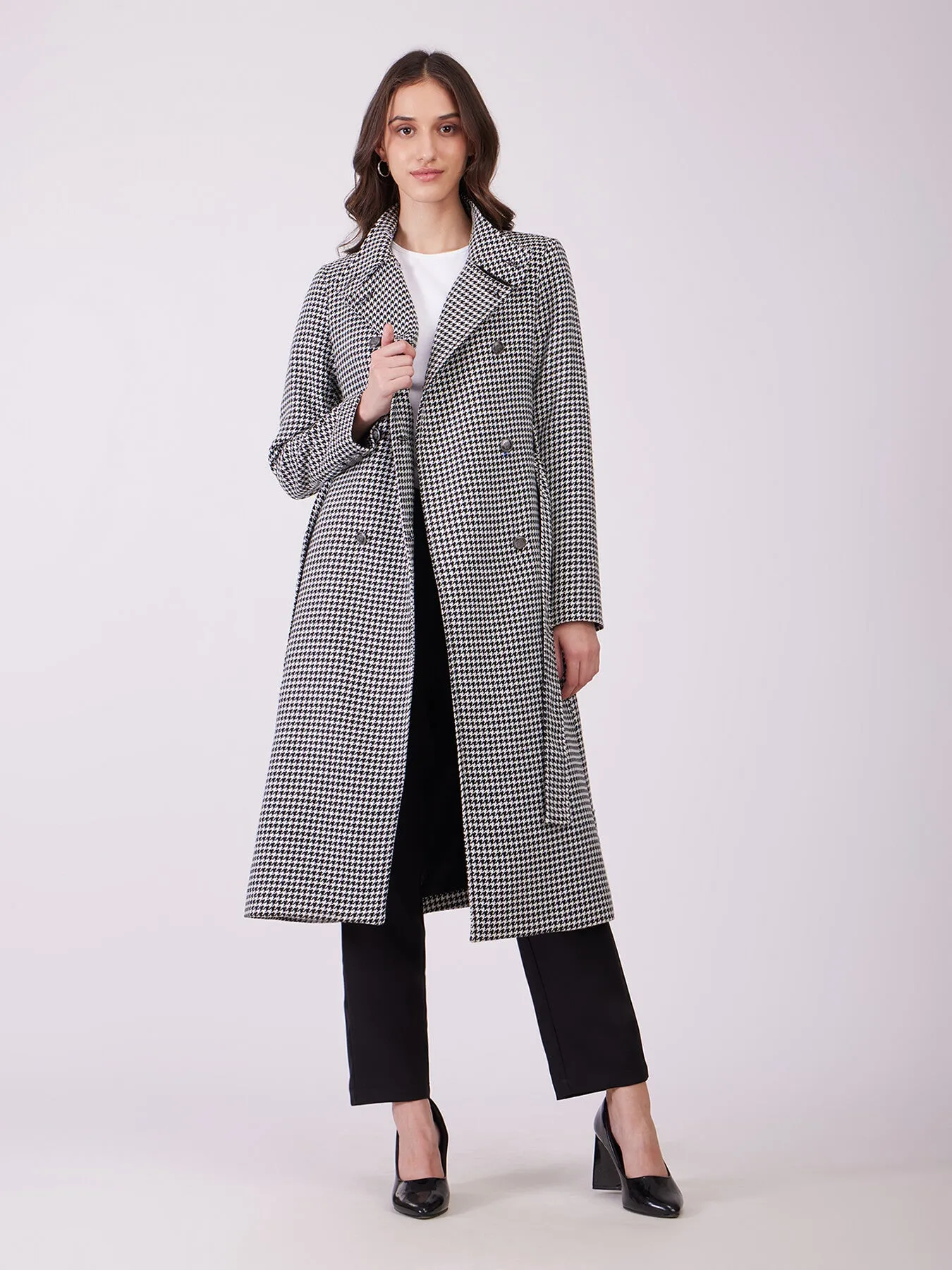 Tweed Wool Longline Overcoat - Black