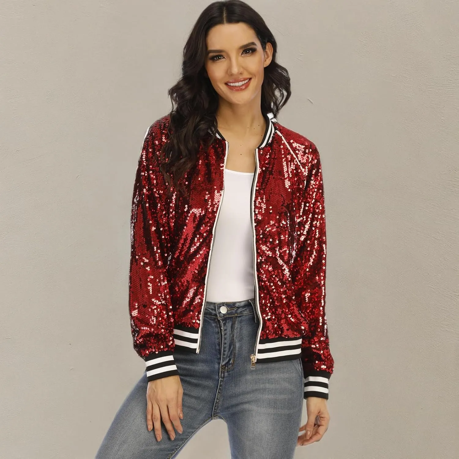 Women's sequined shiny long-sleeved zipper flight jacket casual party disco proscenium ballroom