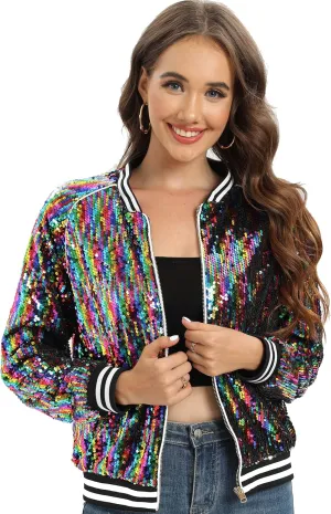Women's sequined shiny long-sleeved zipper flight jacket casual party disco proscenium ballroom