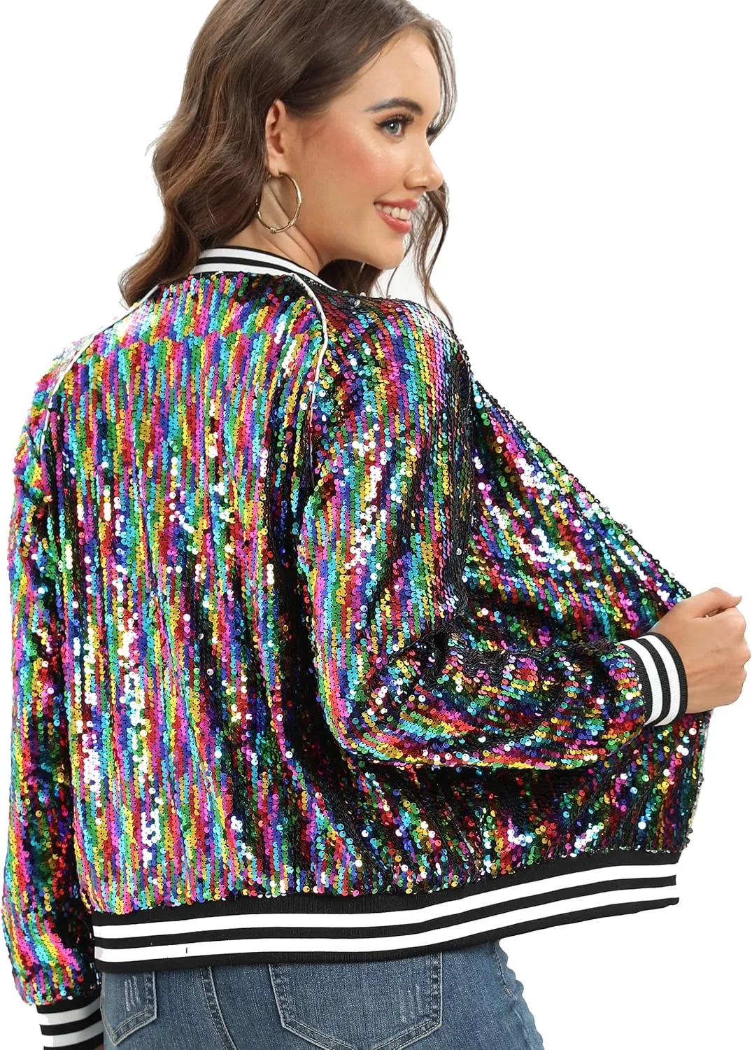 Women's sequined shiny long-sleeved zipper flight jacket casual party disco proscenium ballroom