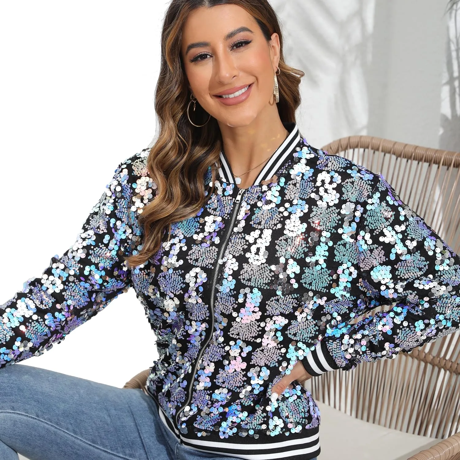Women's sequined shiny long-sleeved zipper flight jacket casual party disco proscenium ballroom