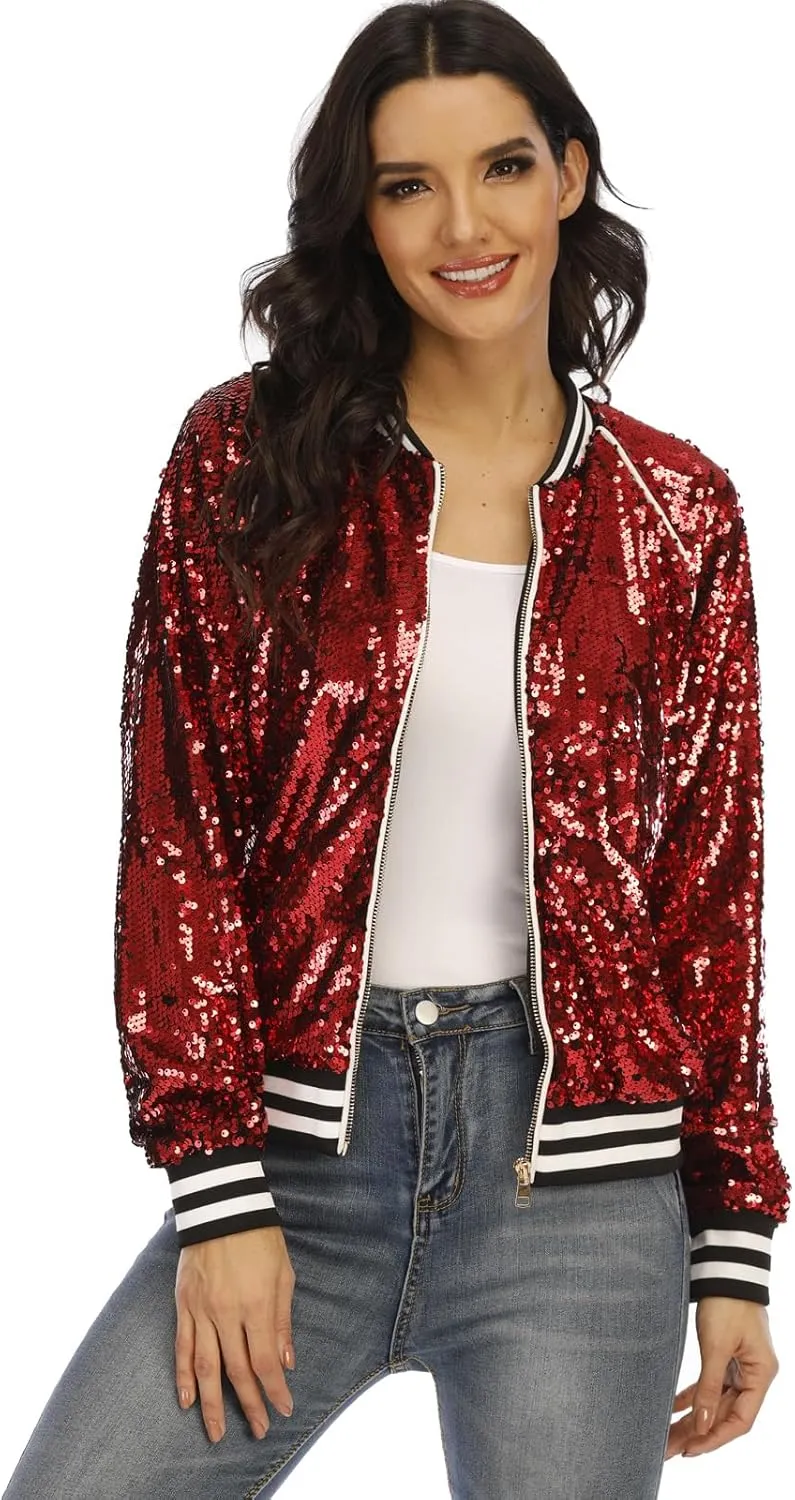 Women's sequined shiny long-sleeved zipper flight jacket casual party disco proscenium ballroom