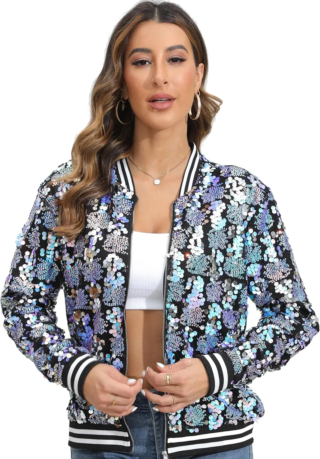 Women's sequined shiny long-sleeved zipper flight jacket casual party disco proscenium ballroom