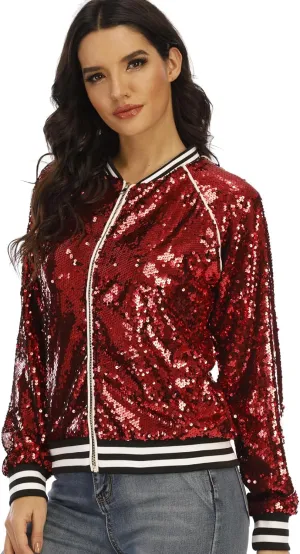 Women's sequined shiny long-sleeved zipper flight jacket casual party disco proscenium ballroom