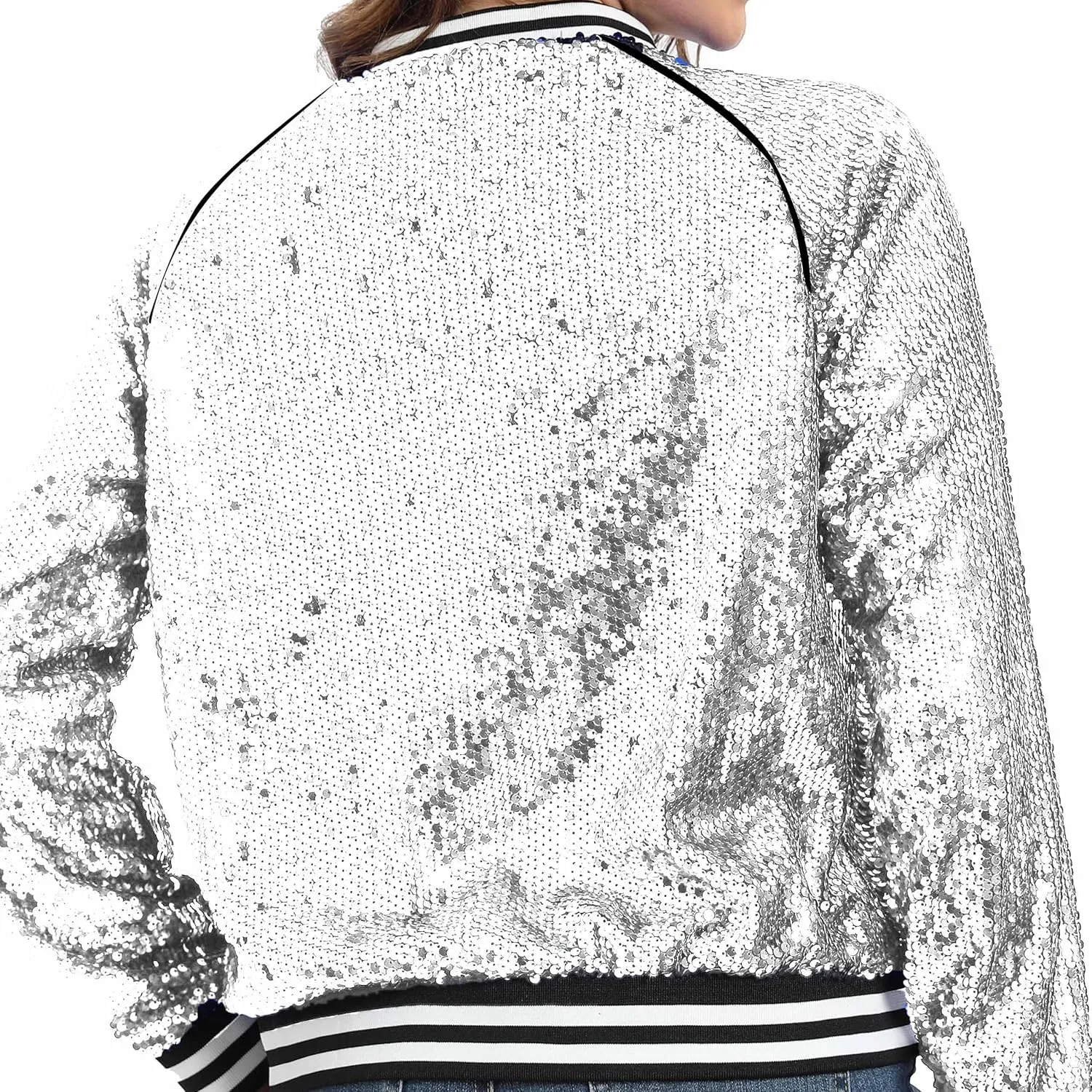 Women's sequined shiny long-sleeved zipper flight jacket casual party disco proscenium ballroom