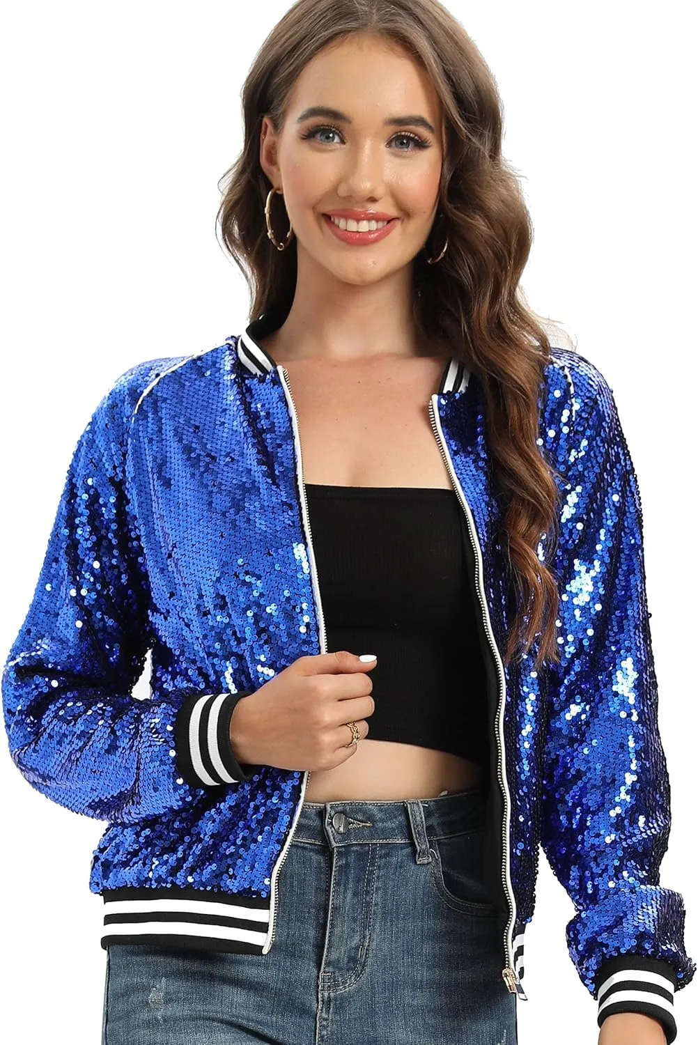Women's sequined shiny long-sleeved zipper flight jacket casual party disco proscenium ballroom