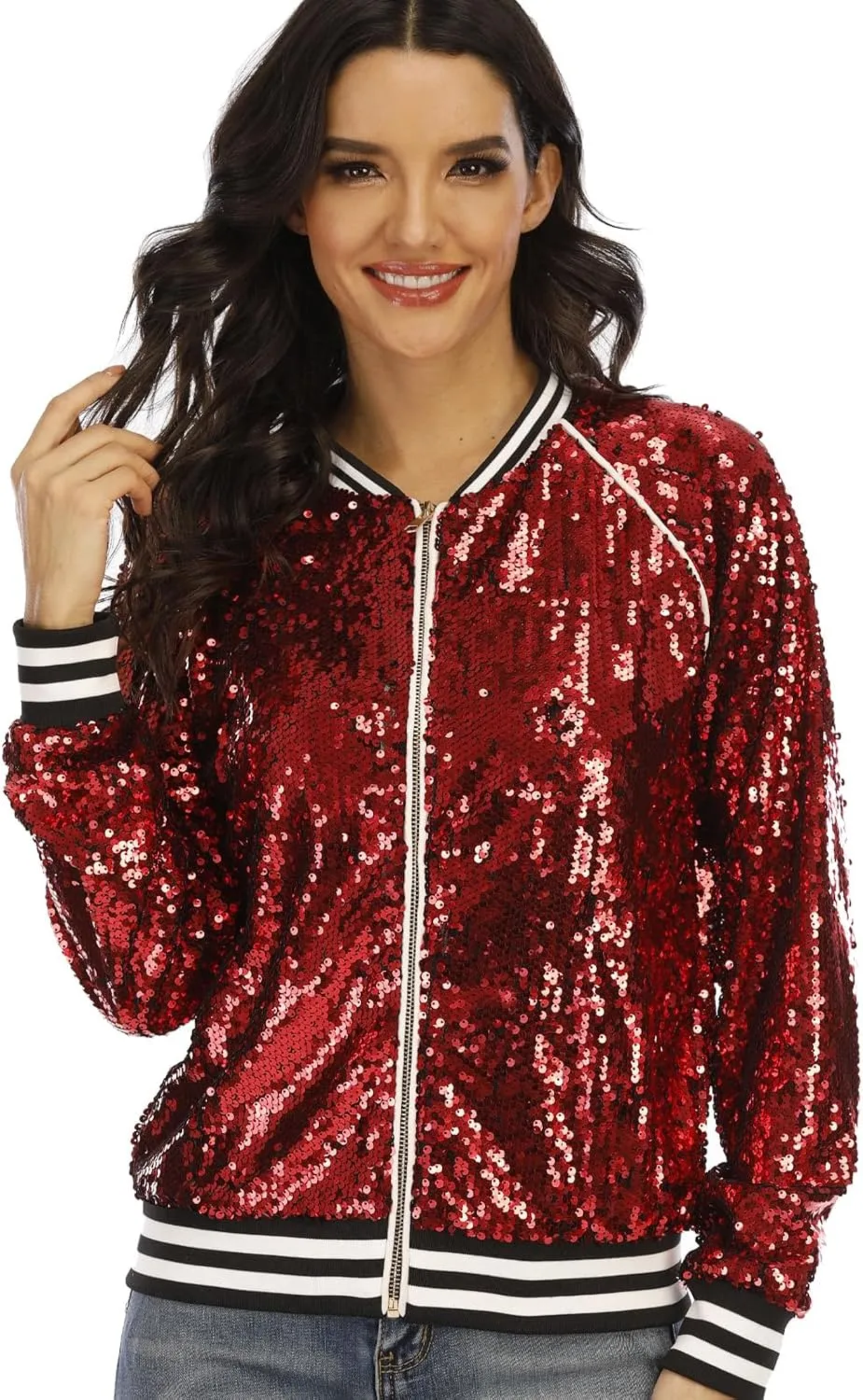 Women's sequined shiny long-sleeved zipper flight jacket casual party disco proscenium ballroom