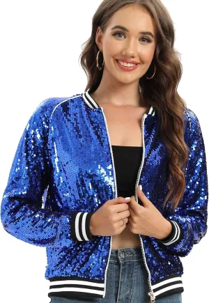 Women's sequined shiny long-sleeved zipper flight jacket casual party disco proscenium ballroom
