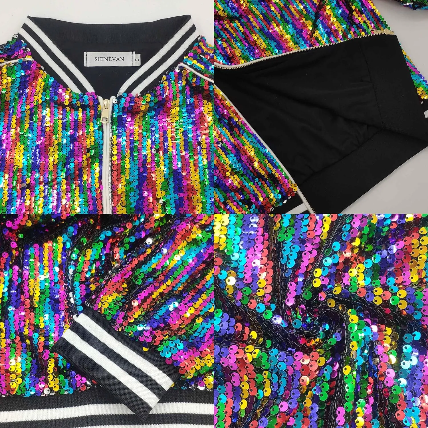 Women's sequined shiny long-sleeved zipper flight jacket casual party disco proscenium ballroom