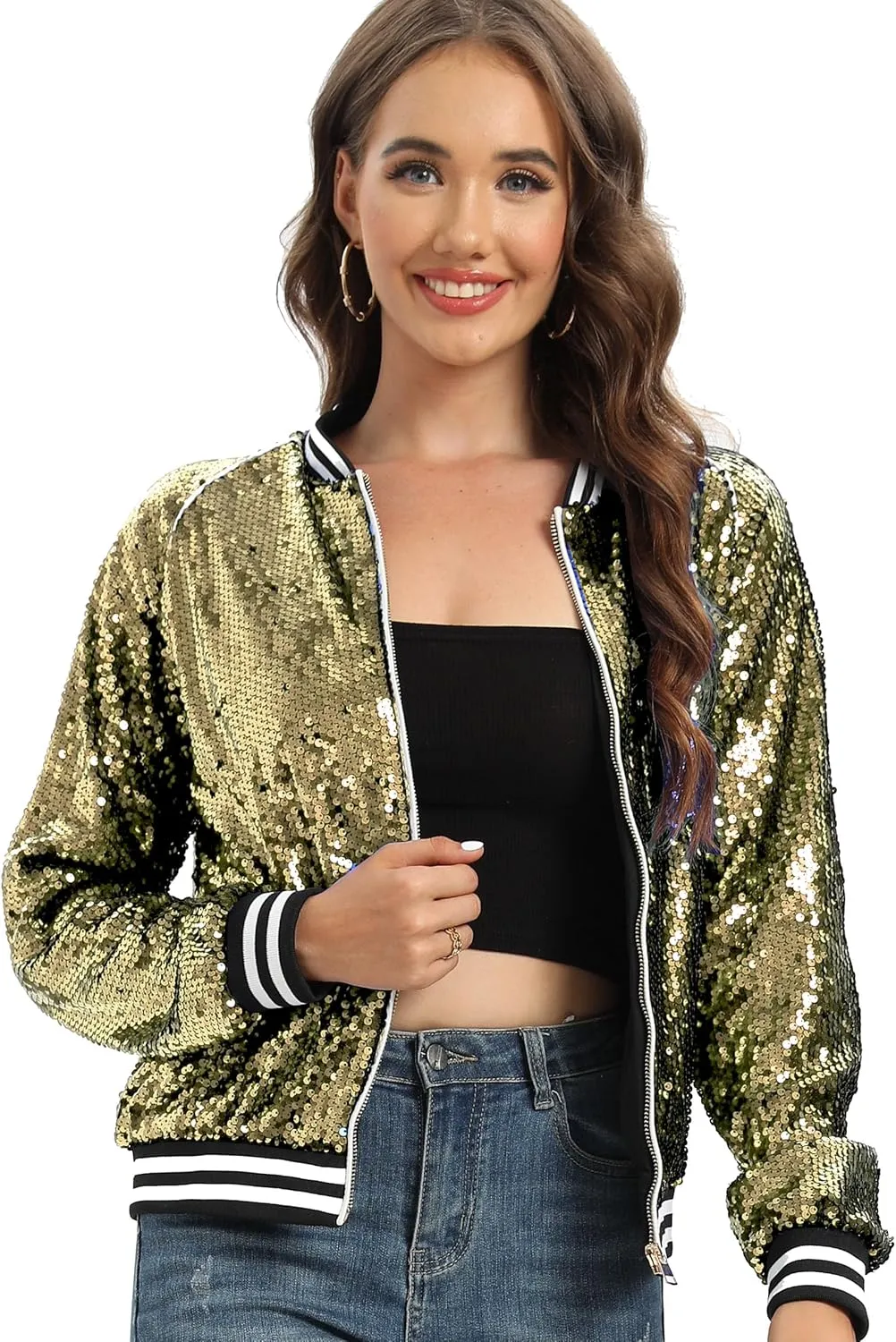 Women's sequined shiny long-sleeved zipper flight jacket casual party disco proscenium ballroom