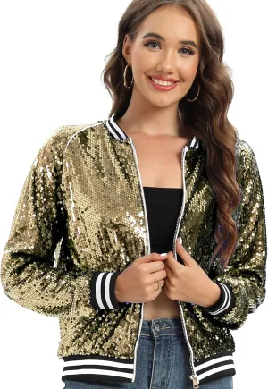 Women's sequined shiny long-sleeved zipper flight jacket casual party disco proscenium ballroom