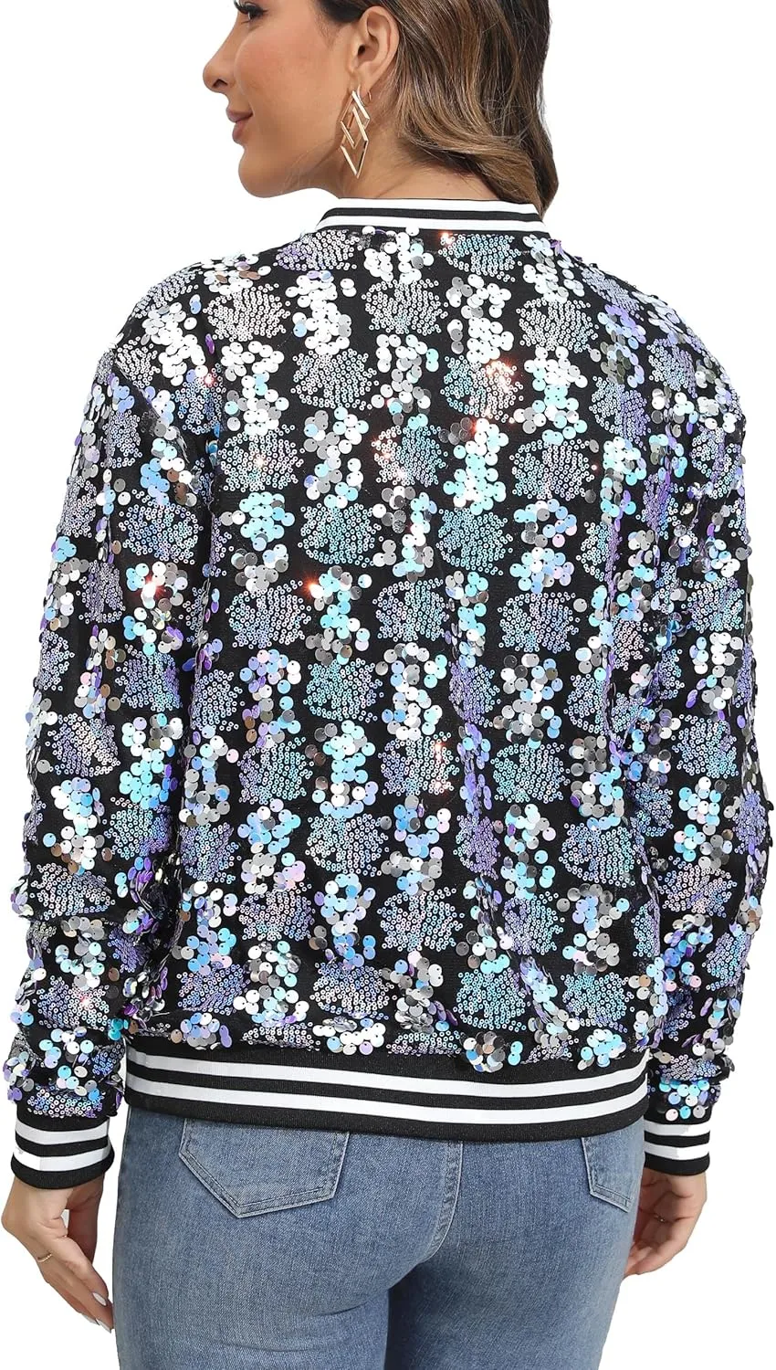 Women's sequined shiny long-sleeved zipper flight jacket casual party disco proscenium ballroom