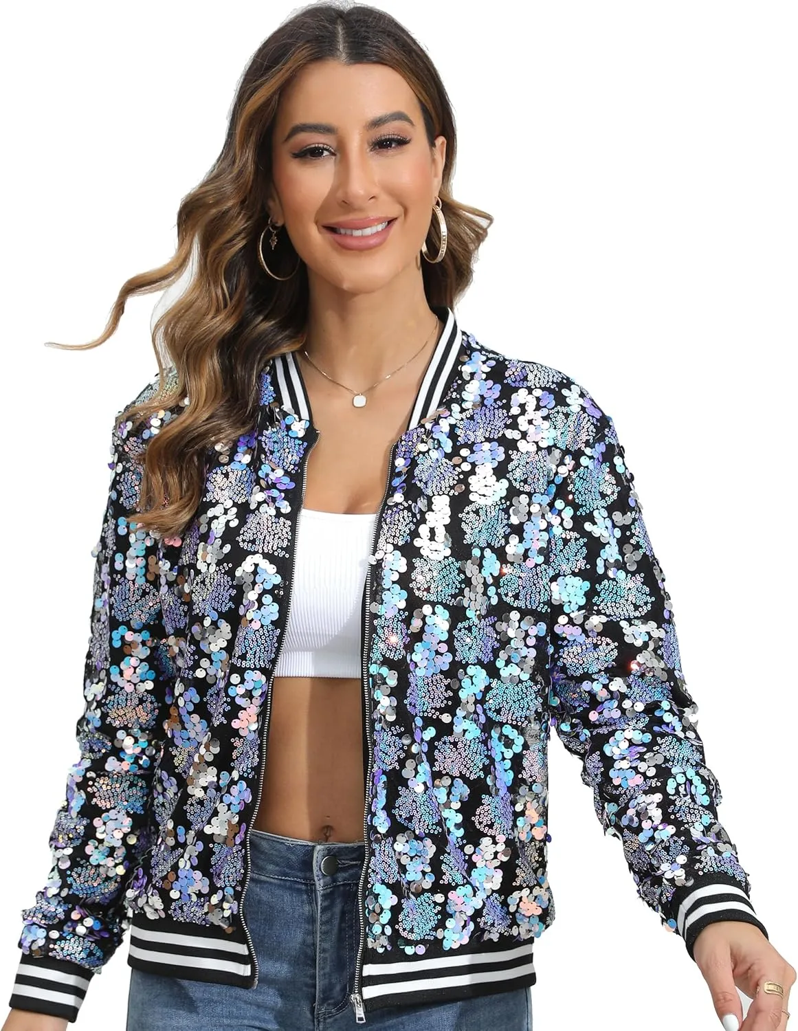 Women's sequined shiny long-sleeved zipper flight jacket casual party disco proscenium ballroom