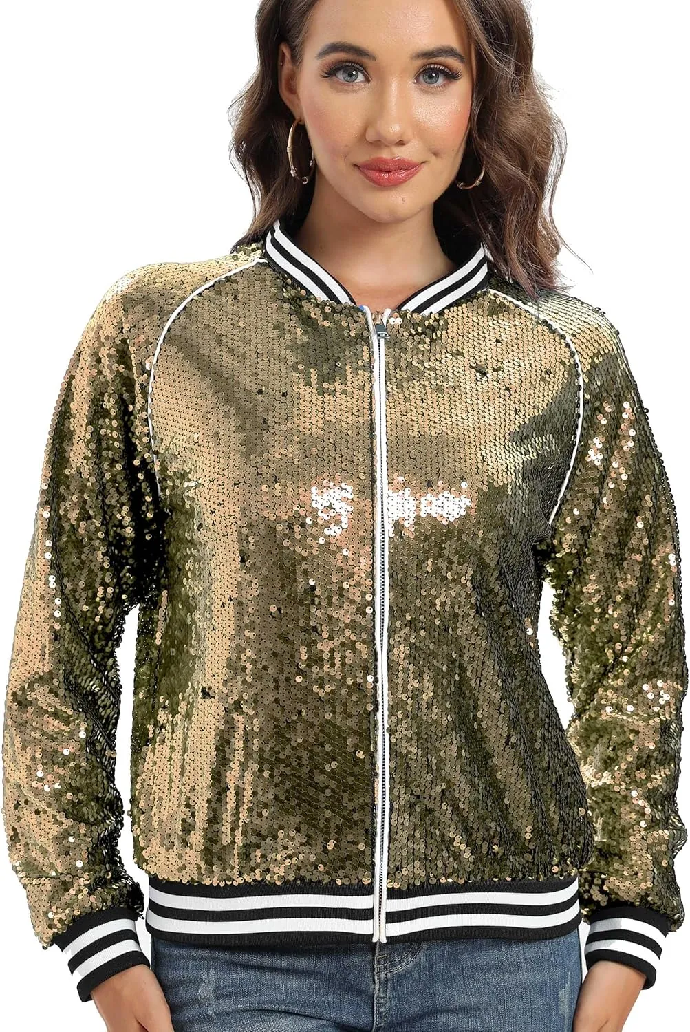 Women's sequined shiny long-sleeved zipper flight jacket casual party disco proscenium ballroom