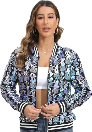 Women's sequined shiny long-sleeved zipper flight jacket casual party disco proscenium ballroom