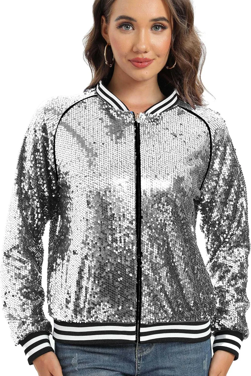 Women's sequined shiny long-sleeved zipper flight jacket casual party disco proscenium ballroom