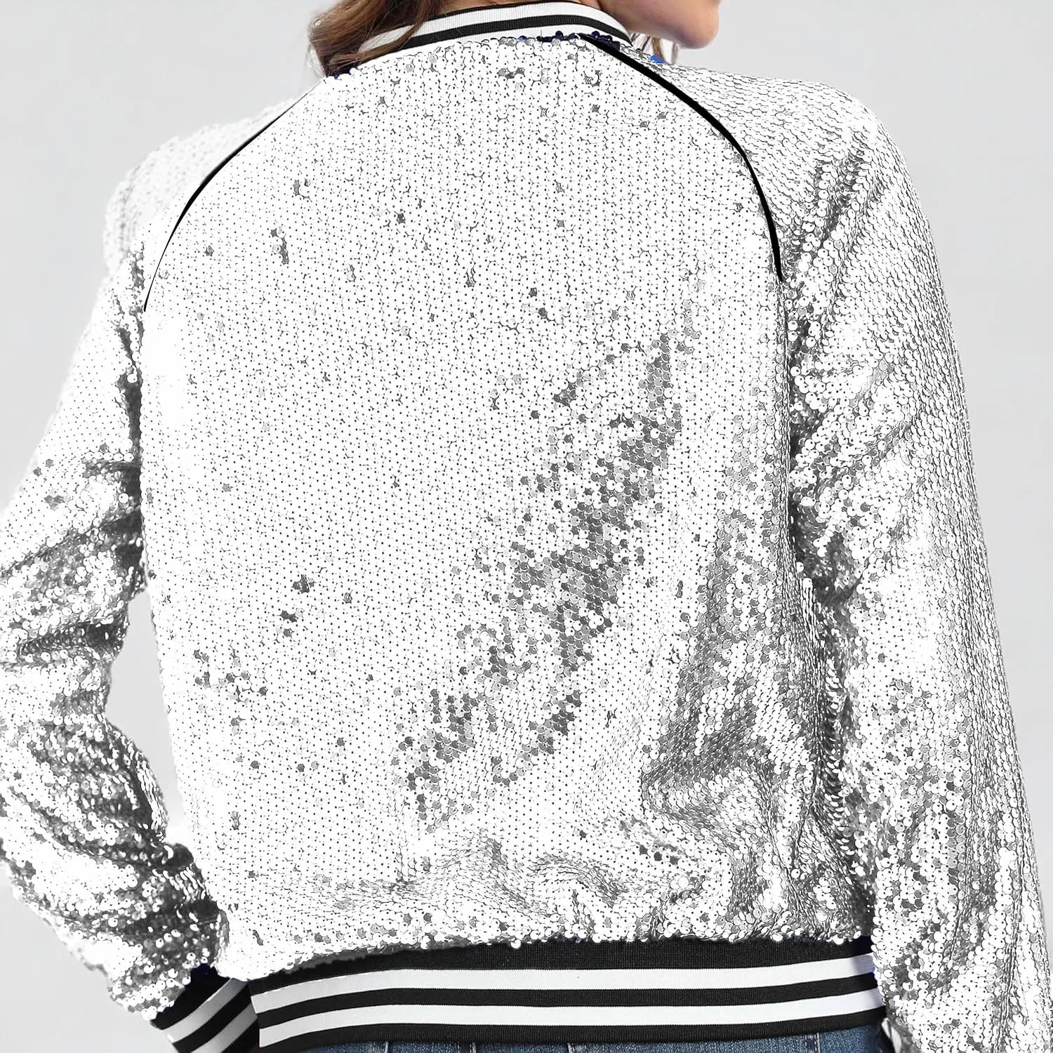 Women's sequined shiny long-sleeved zipper flight jacket casual party disco proscenium ballroom