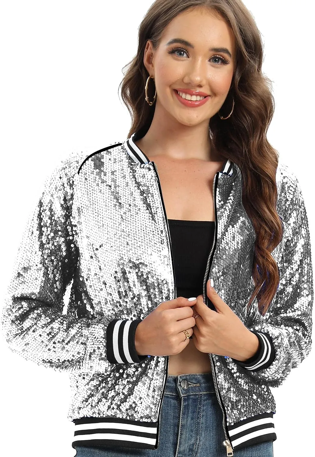 Women's sequined shiny long-sleeved zipper flight jacket casual party disco proscenium ballroom