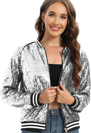Women's sequined shiny long-sleeved zipper flight jacket casual party disco proscenium ballroom