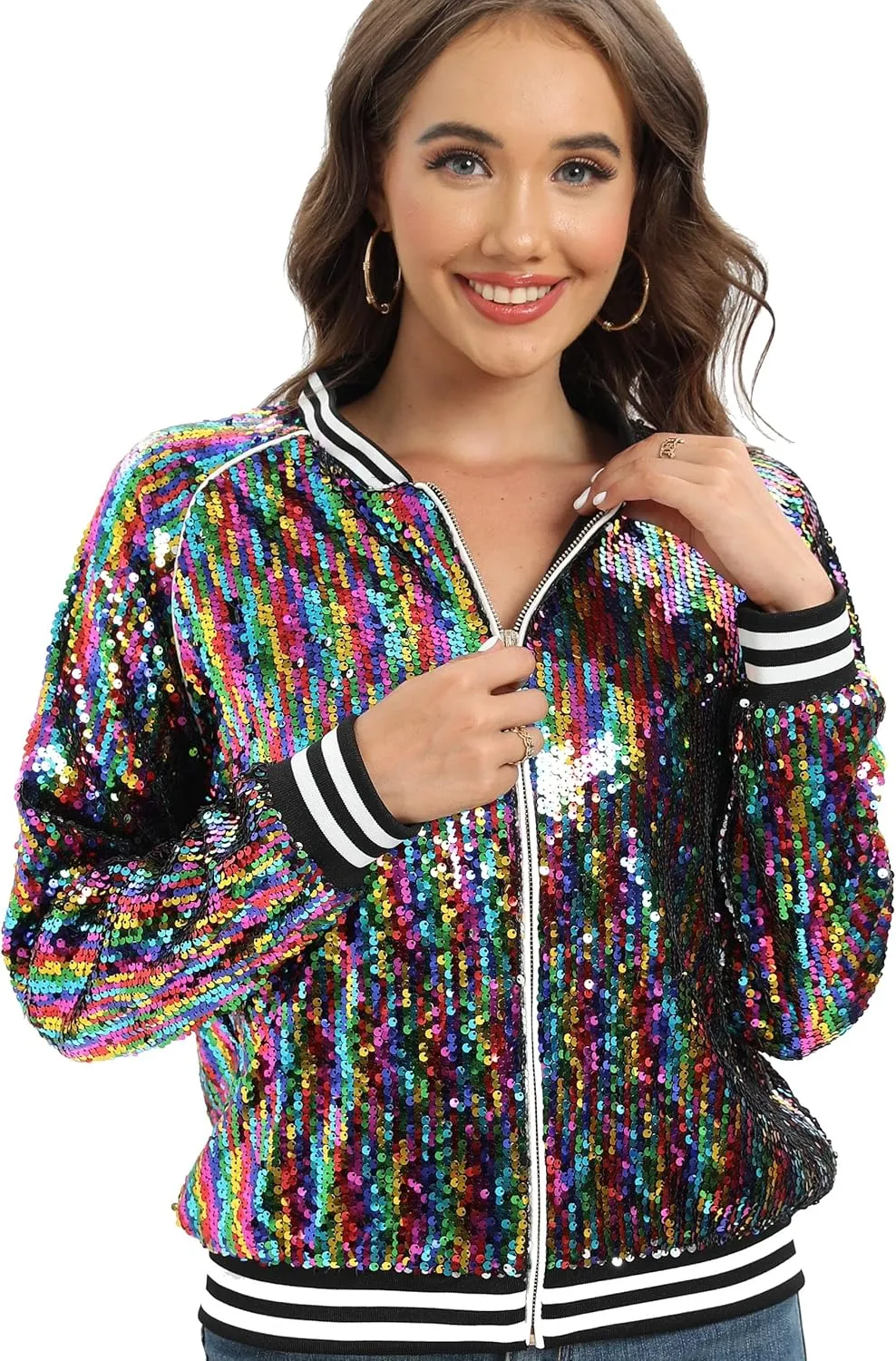 Women's sequined shiny long-sleeved zipper flight jacket casual party disco proscenium ballroom