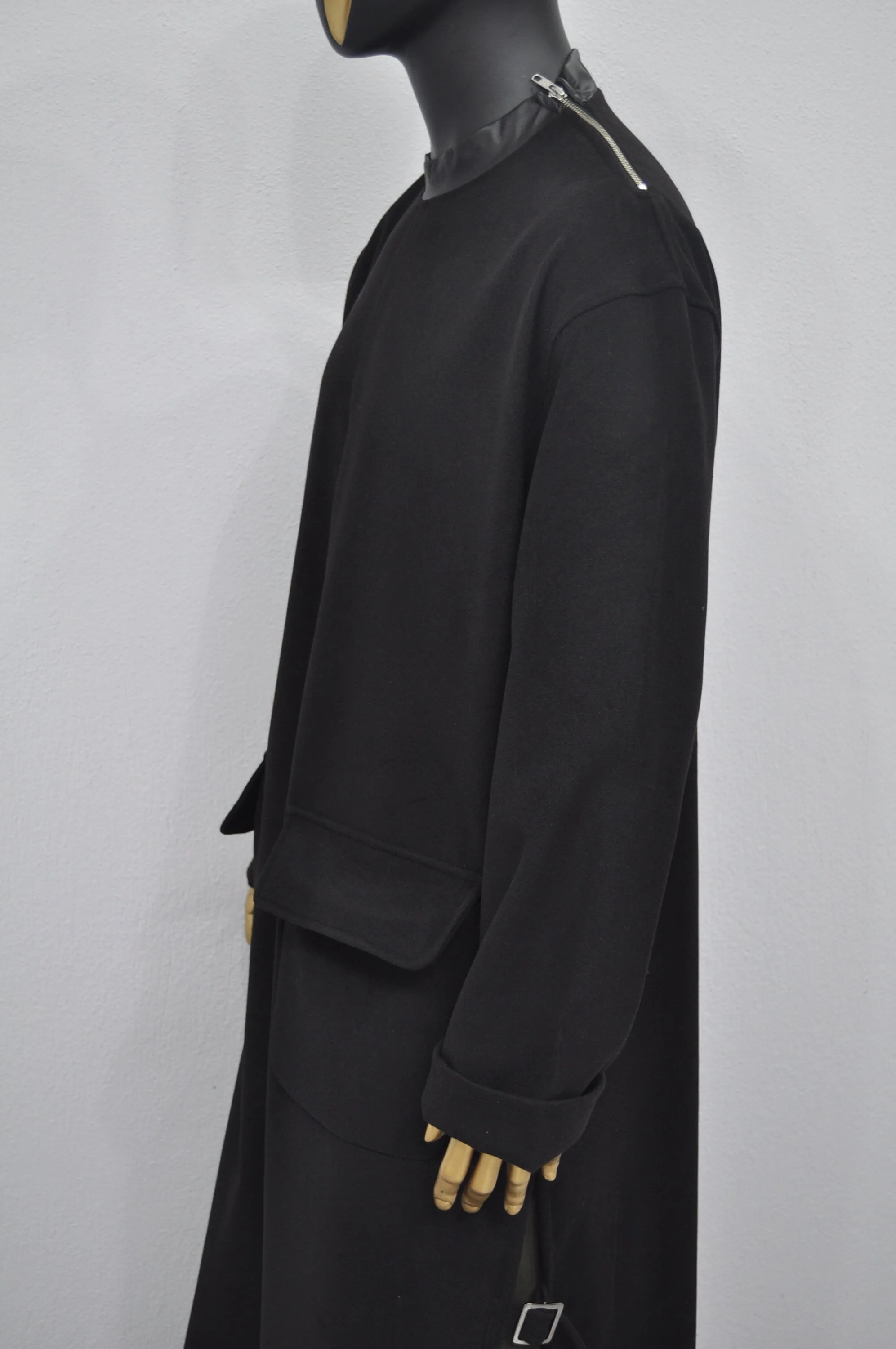 XS-8XL Leather Zip Collar Side Slit Wool Coat Dress/Unisex Long Outer,Cardigan Pancho JACKET,Goth,Punk Cosplay,Apocalyptic Dystopian-BB927